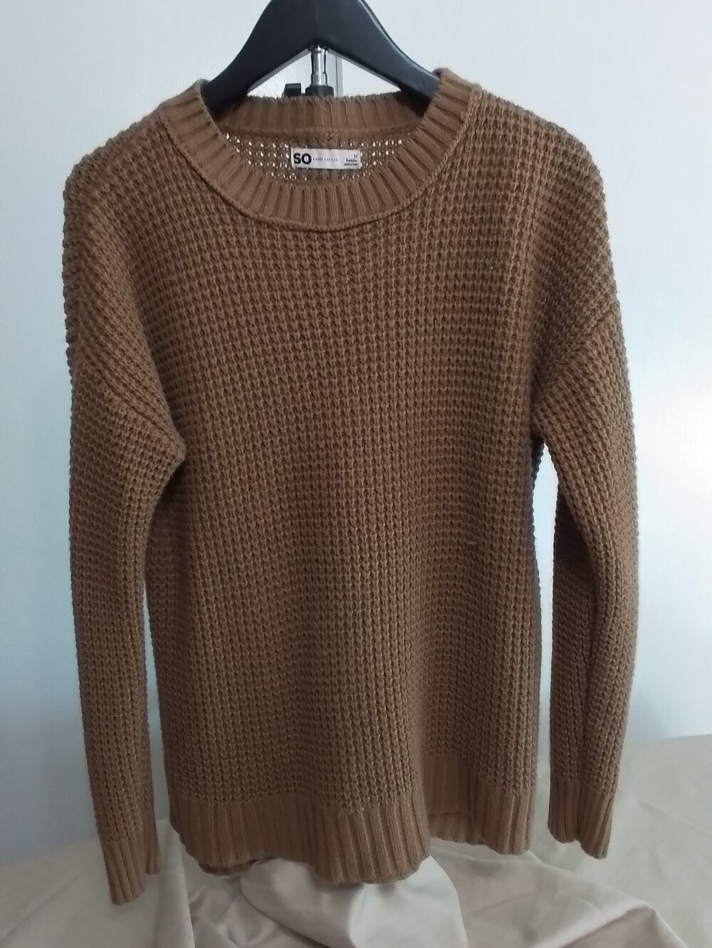 SO Crewneck Waffle-Knit Sweater in Camel Brown
